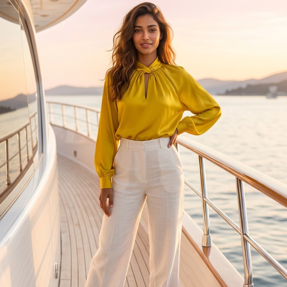 Elegant Yellow satin Button Down Women's Shirt